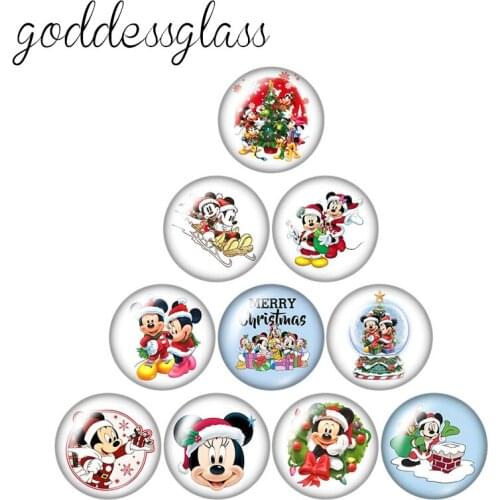 Disney Merry Christmas Mickey Minnie 10pcs 12mm/18mm/20mm/25mm Round photo glass cabochon flat back Necklace Making findings