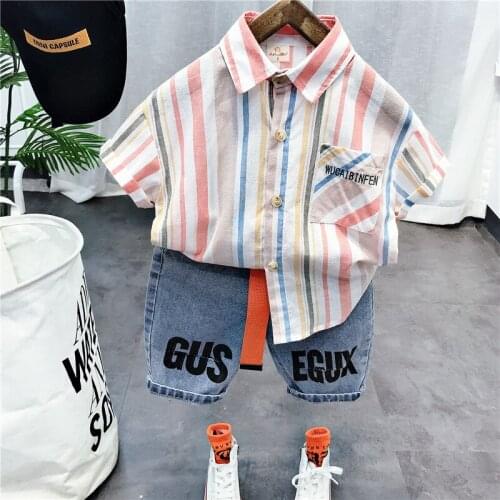 Toddler Boys 2pcs Casual Color Striped Short Sleeve Shirt Denim Shorts Kids Clothing Summer 2 3 4 5 6 Years Baby Boy Suits 2020