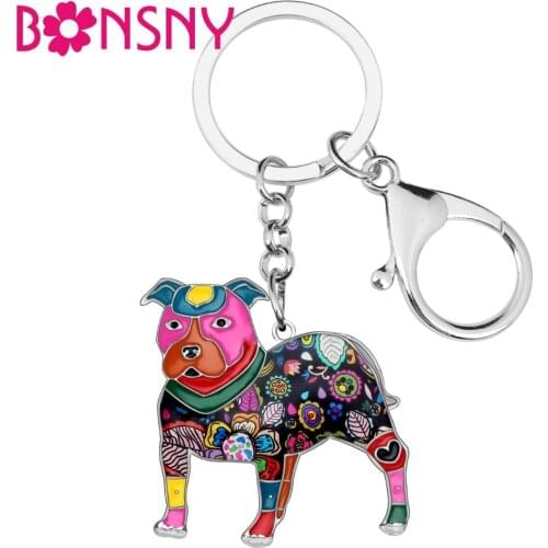 Bonsny Enamel Alloy Boston Pit Bull Terrier Dog Key Chain Keychains Rings Gift For Women Girls Pet Lovers Bag Car Charms Pendant