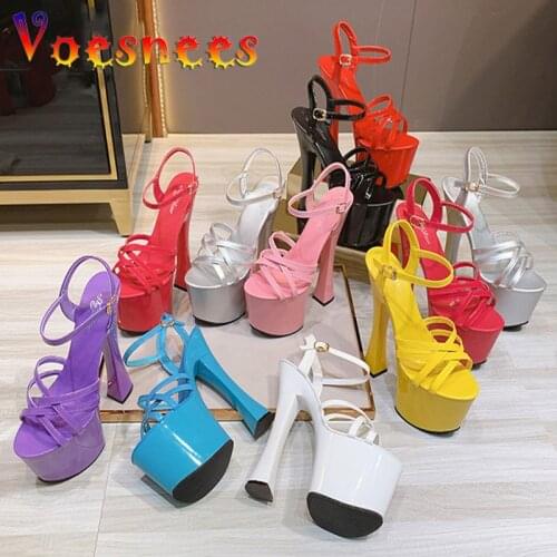 Voesnees Women Sexy Show Sandals Summer New 17CM High Heel Platform Candy Color Sandals Girls Party Club Models Shoes Size 41