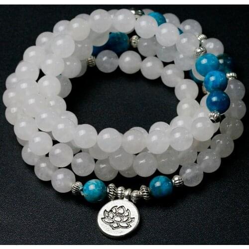Natural White Chalcedony With Apatite Stone Beads Bracelet Men Women Wing Buddha Yoga Lotus Charm Necklace Unisex Mala Jewelry