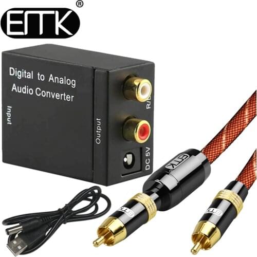 EMK Digital To Analog Audio Converter Optical Toslink Coaxial To 2 RCA output converter Adapter Signal to Analog Audio Converter
