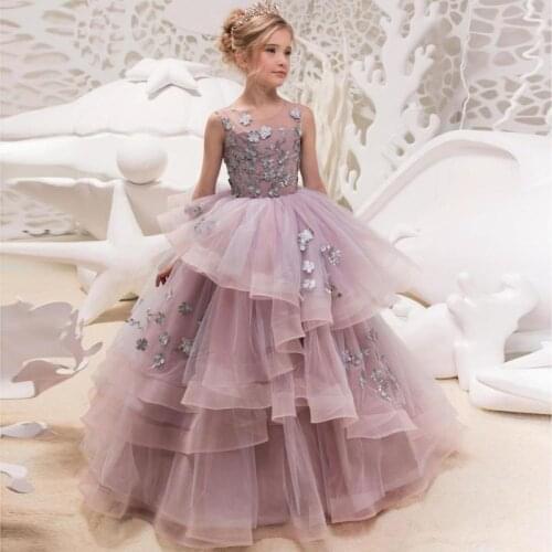 Purple Flower Girl Dresses Cute Lace flowers Tulle Formal Long Special Occasion Pageant Gowns For Girls Dress 2021