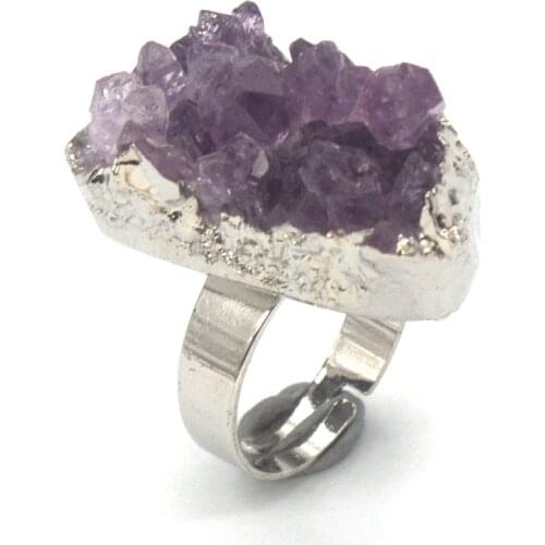 KFT Natural Healing Crystal Quartz Stone Ring Irregular Shape Amethysts Drusy Reiki Adjustable Stone Finger Ring For Women Party