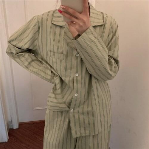 Striped pajamas set home suit for Spring Autumn 100% cotton pjs women Pajama Sets two piece green/blue sleepwear Homesuits L032