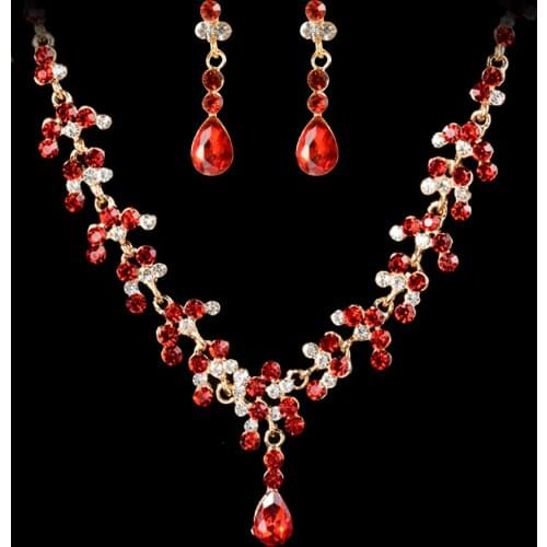Fashion Elegant Red Rhinestone Wedding Bridal Jewelry Sets Women Gold Bride Earring Necklace Engagement Jewelry Accessories