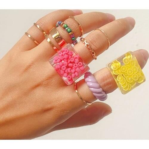 11 Pcs/Set Sweet Candy Color Resin Rings Set Fashion Cute Rings for Women Party Jewelry Gifts