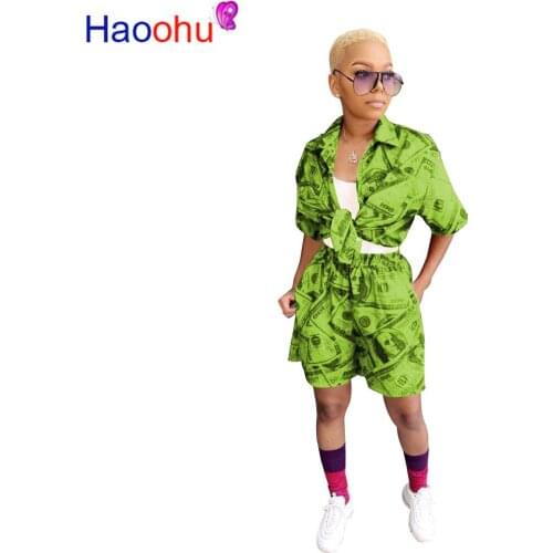 HAOOHU 2019 Women autumn new dollar print blouses shirts & knee length Pants suit two piece set sporty tracksuit outfit 3color