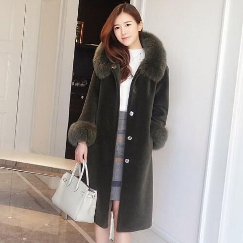 New Fashion High End Fox Fur Hooded Australian Wool Womens Long Sheep Sheared Cashmere Coat Leather Grass Women Office Overcoat