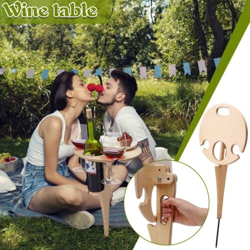 Portable Outdoor Lawn Wine Table Rack With Foldable Round Desktop Wine Glass Holder Mini Wooden Picnic Table Easy To Carry