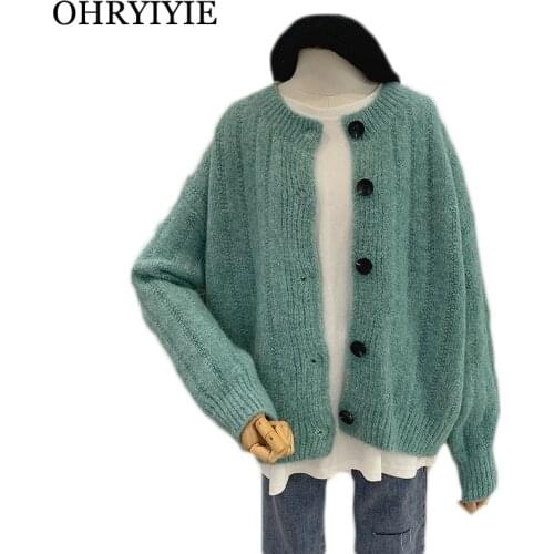OHRYIYIE Casual Loose Green Gray Knitted Cardigan Sweater Women Autumn Winter 2021 All-Match O-neck Knit Cardigans Coat Female