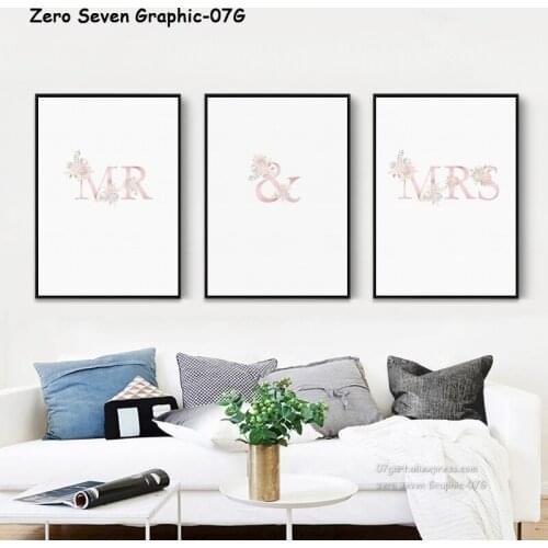 Simple Couple Fresh Pink Sweet Phrase Mrs And Mr Canvas Painting Poster And Print Bedroom Wall Art Picture Wedding Decoration