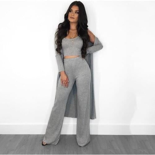 S3403 Wholesale Items Womens Vest Top Long Pants Bodycon 3 Piece Outfit Jumpsuits Set with Cardigan O-Neck Womens Clothing