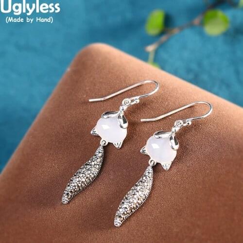 Uglyless Swaying Long Marcasite Tail Fox Earrings for Women LOVE Magic Miss Fox Dangle Earrings 925 Silver Animal Brincos Bijoux