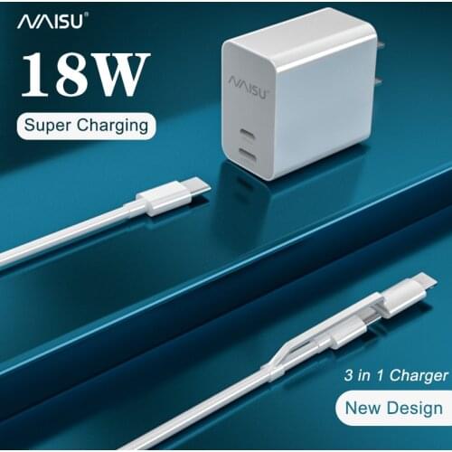 NAISU 3 in 1 PD Charger For Huawei Super Charge USB Type-C 18W Fast Charging For Iphone Xiaomi Phone Accessories With Box 2021