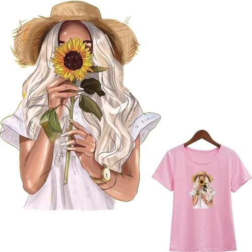Flower Girl Iron On Transfer Clothing Stickers Diy T-Shirt Washable Stripe Eco-Friendly Applique On Clothes Girl Women T-Shirt