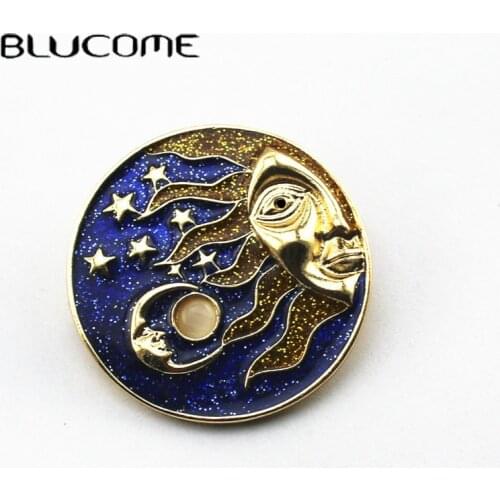 Blucome Vintage Handmade Shiny Sun Moon Brooches For Women Kids Starry Sky Cloud Enamel Brooch Milky Way Series Accessory Pins