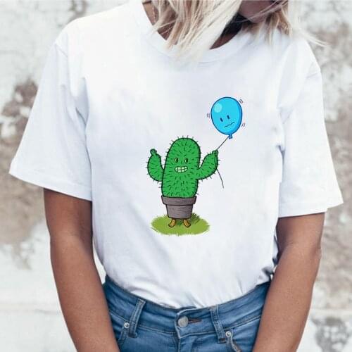 Women Fashion Harajuku Short Sleeve T-shirt White Plus Size Personality Tshirt Female Tops Clothing Cactus Balloon Print T Shirt