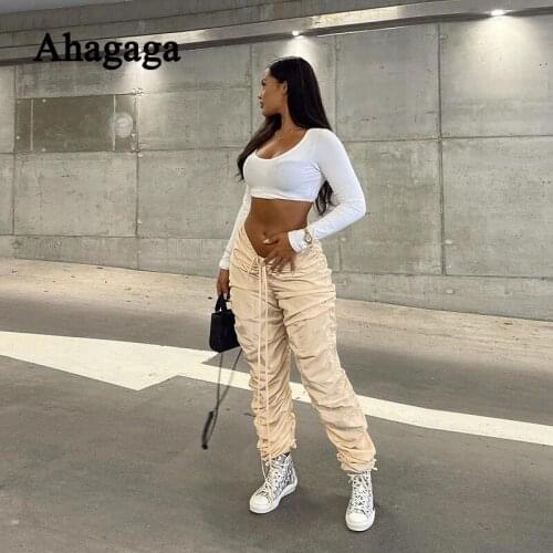Ahagaga 2021 Autumn Long Pant Women Fashion Folds Drawstring Casual Overalls Cool Regular Streetwear Female Trousers Bottom Pant