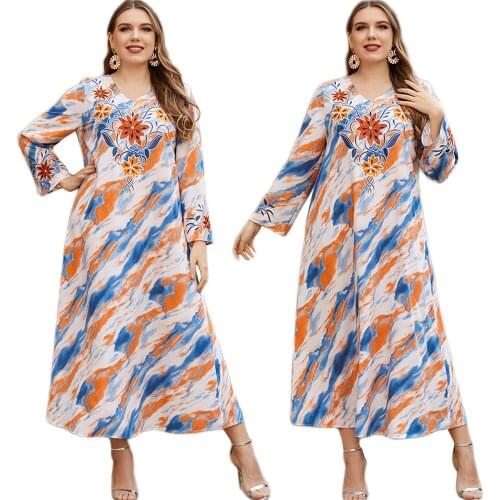 Elegant Women Embroidery Long Dress Bohemia Style Multicolor Print Arab Abaya Muslim Islamic Casual Loose Vestido Kaftan Dubai