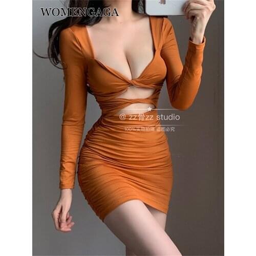 WOMENGAGA Autumn New Elegant Hollow Out Square Collar Bow Fold Skinny Hip Sexy Long Sleeve Mini Dress Korean Hot Boho 6PJW