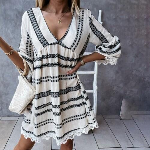 Boho Loose Lace Patchwork Print Mini Dress Woman Summer Casual Deep V-neck Vintage Dresses For Women 2021 A-line Robe Femme