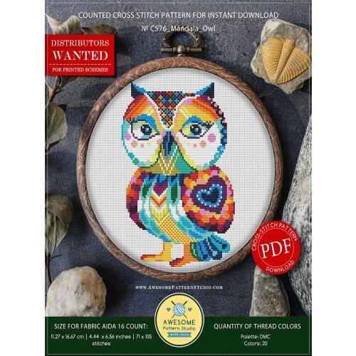 Gold Collection Embroidery Mandala Owl Cross Stitching Pattern with 14CT Aida Counted Canva&Free Shipping for Home Decor or Gif
