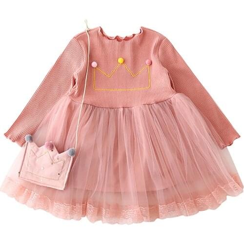 2021 Long Sleeve Girl Dress Knitted Sweater Dress Autumn and Winter Cotton Kids Clothing Childrens Wear Warm with Bag 2-6 Years