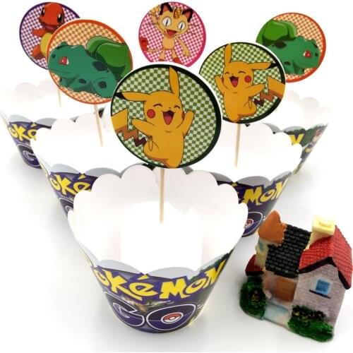 24pcs Pokemones cupcake wrappers decoration wedding party favors cup cake toppers picks supplies