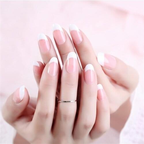 24 PCS Glue On Presson Full Cover Long Fake Fingernail Set Acrylic Press On Nail Short Pink French False Nails SM11190513