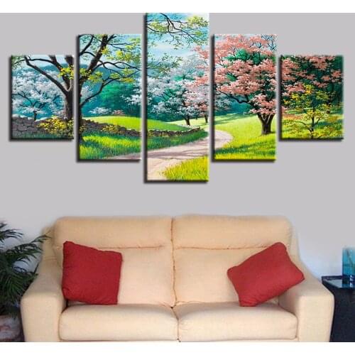 5 Pieces HD Prints Decor Wall Modular Canvas Painting Green Trees Flowers Grass Path Spring Natural Scenery Picture Poster Art