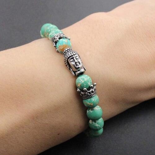 8mm Natural Stone Bracelets Women Stainless Steel Buddha Beads Charm Men Map Stone Crown Strand Bangle Fashion Jewelry Gift