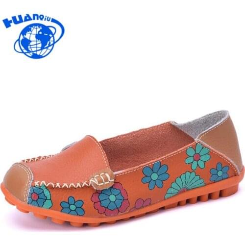 HUANQIU 2018 Cow Muscle Ballet Summer Flower Print Women Genuine Leather Shoes Woman Flat Loafer Flats Appliques wyq67