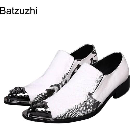 Batzuzhi luxury Men Leather Shoes Pointed Steel Toe Rivets White Black Man Wedding/Business/Party Shoes Personality, EU38-46