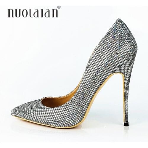 Brand Fashion Women Pumps Silver Sequined Women Shoes Sexy Stilettos High Heels Pointed Toe Glitter wedding Party Shoes Woman