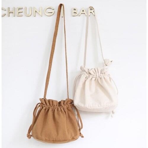 Drawstring Canvas Shoulder Bag Bucket-Shaped Crossbody PU Material Cotton Soft Surface Large Capacity Literary Simple Retro