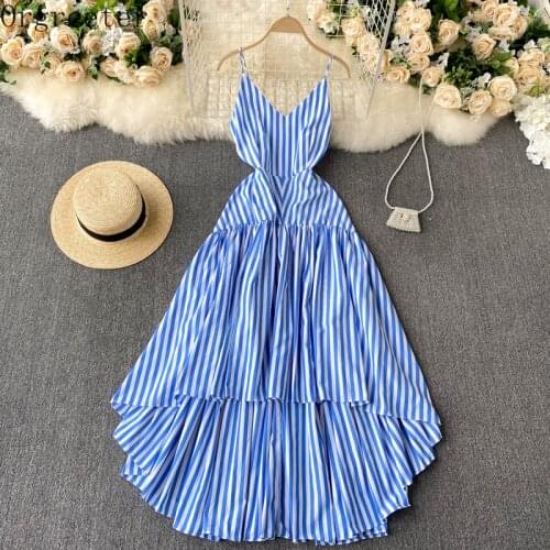 Classic Blue Striped Vacation Beach Dress Sexy V-neck Backless Slim Asymmetry Dress Ruffles Large Swing Suspender Dress 2021