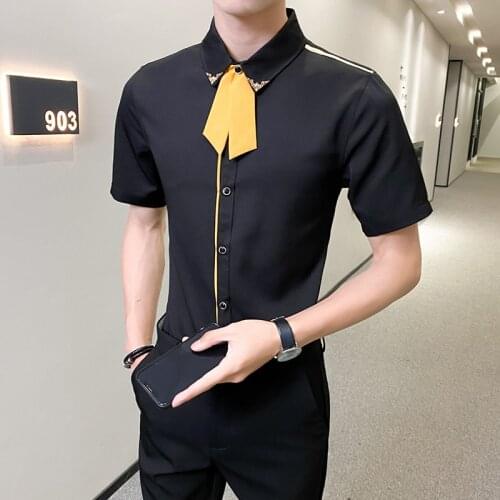 Tie Decorated Shirt Men Summer Short Sleeve Slim Casual Shirt Social Party Banquet Work Men Clothes Chemise Homme BIG SIZE M-5XL