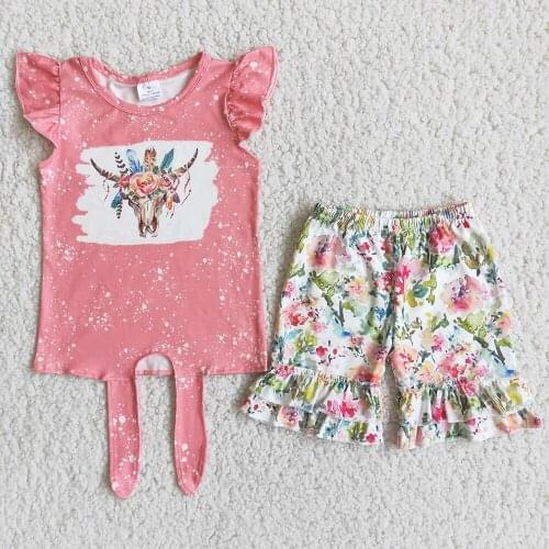 New Style Kids Fashion Summer Clothes Baby Girls Flying Sleeve Cow Print Top Match Ruffle Shorts Children Flowers Outfit