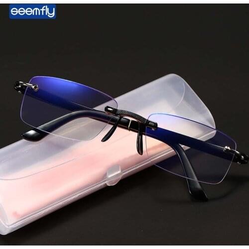 Seemfly Rimless Anti Blue Light Reading Glasses Women Men Clear Lens Presbyopia Eyeglasses With Box Cloth Diopters +1.0 +4.0