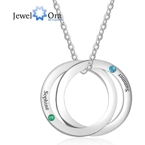Personalized Double Circles Pendant with Birthstone Custom Name Engraved Stainless Steel Necklace Couple Gift(JewelOra NE103258)