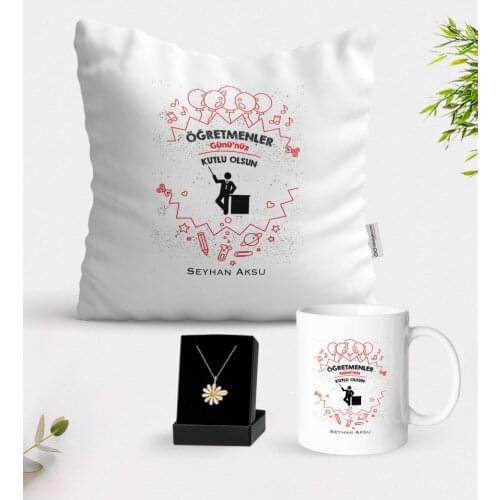 Personalized Teachers Present-Day Happy White Mug Cushion and Is Daisy Necklace Gift Seti-5