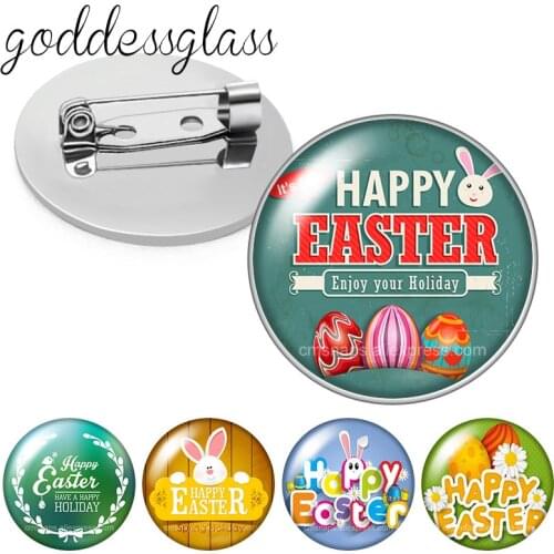 Happy Easter Day festival Lovely Rabbit Easter eggs Round Glass cabochon Brooch Dome Photo Jewelry Brooches Pin Gift