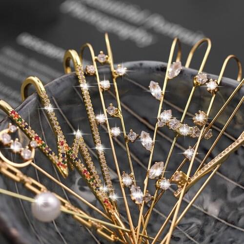 Fashion Rainbow Crystal Ear Climber Stud Earrings For Women Vintage Gold Chain Pearl Hook Earrings Ear Cuffs Wedding Jewelry