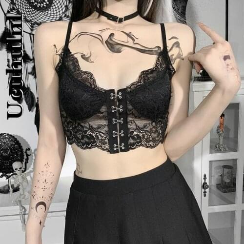 Ucuhulnl Dark Goth Sexy Lace Black Camisole Vintage Aesthetic V Neck Spaghetti Straps Corset Tops Gothic Harajuku Summer Camis