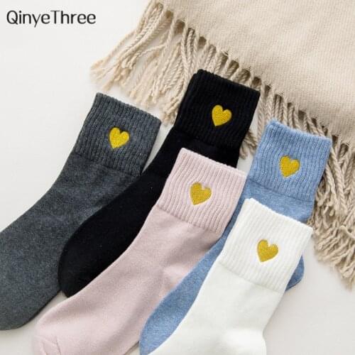 Ulzzang Gold Silk Embroidery Love Heart Glitter Art Socks Cute Women Warm Soft Cotton Tube socks Harajuku Calcetines Mujer