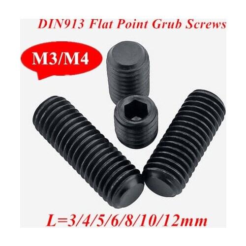 100pcs M3 M4 DIN913 Black Carbon Steel Metric Thread Grub Screws Flat Point Hexagon Socket Set Screws Headless Bolt