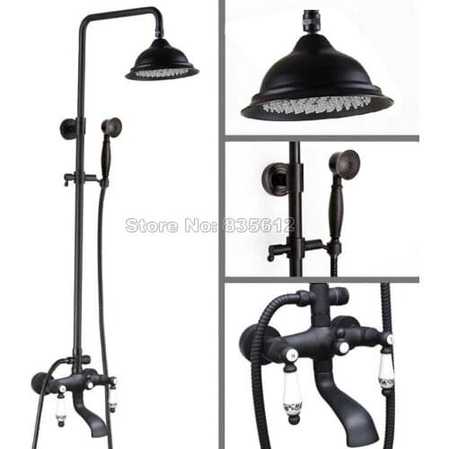 Bathroom Wall Mounted Black Oil Rubbed Bronze Ceramic Dual Handles Rain Shower Faucet Set Bath Tub Mixer Tap Whg123