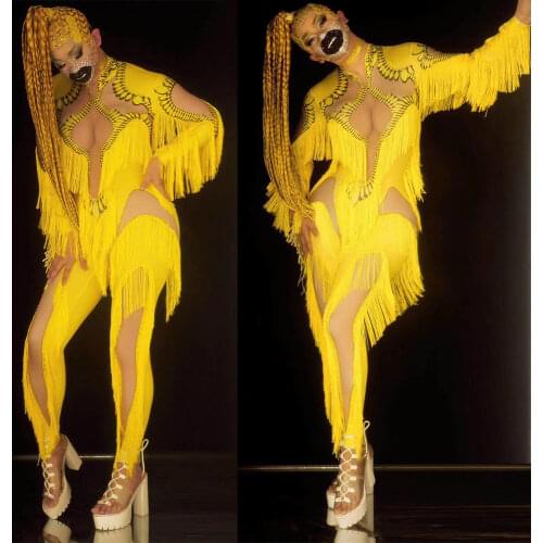 Longsleeve Hollow Out Yellow Print Women Tassel Bodysuit Tight Stretch Jumpsuit Performance Costume Ladies Nightclub Costume
