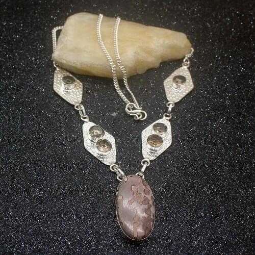 Elegant Natural OceanJasper SmokyTopaz Silver Color Women Pendant Necklace Chain 20 Inch HD528